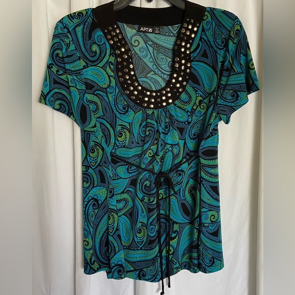 Vintage/Retro APT.9 Sz-LP Paisley Top-Deep Riveted Neckline, Waist Ties, In VGUC